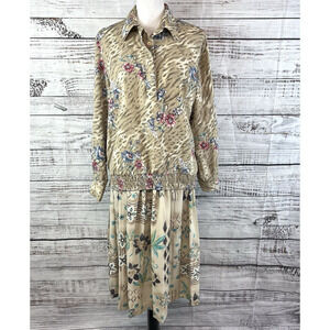Alfred Dunner Mismatch 2pc Blouse Skirt Set size 8 Tan Floral Granny Core Modest